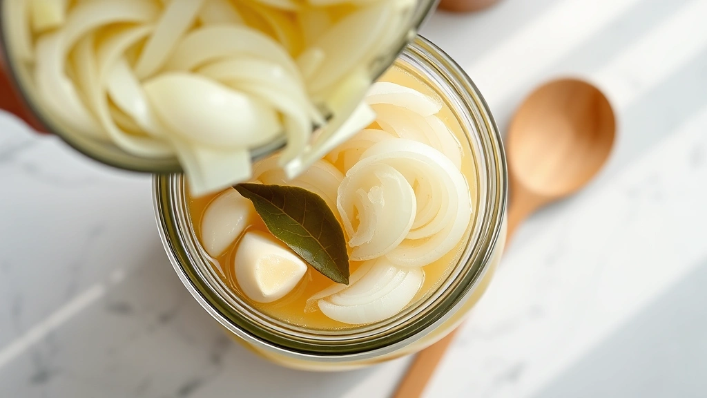 process: overhead shot of sliced onions being poured into a glass jar with hot vinegar brine steaming slightly, garlic cloves and bay leaf visible, wooden spoon resting on the side, bright kitchen setting with natural light