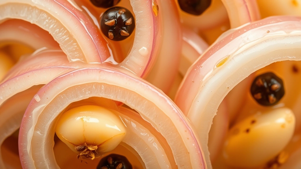 detail: extreme close-up of translucent pickled onion slices showing the texture and layers, with garlic cloves and peppercorns visible in the clear brine, macro photography, professional lighting highlighting the glossy pickled surface