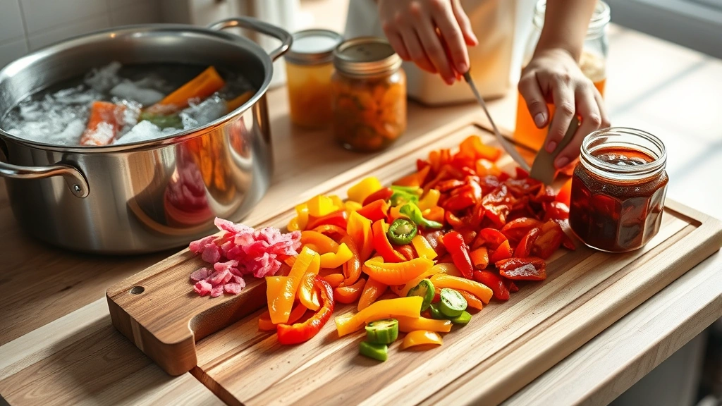 process: colorful peppers being sliced on a wooden cutting board, stainless steel pot with steaming brine, hands working with peppers and jars, bright natural kitchen lighting, no text