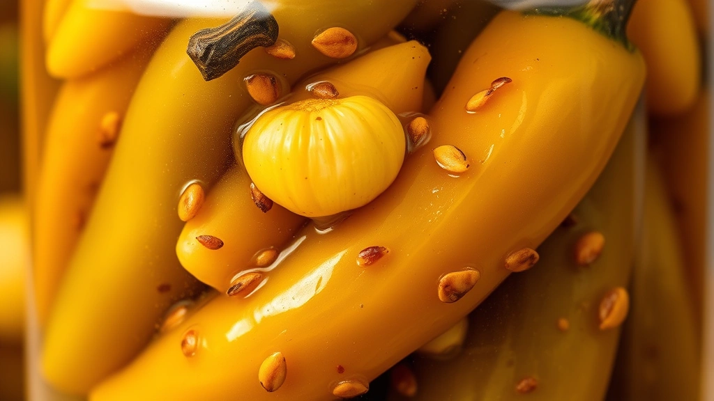 detail: close-up macro shot of pickled peppers in a glass jar with visible garlic cloves, mustard seeds, and spices, golden brine, shallow depth of field, warm natural light, no text