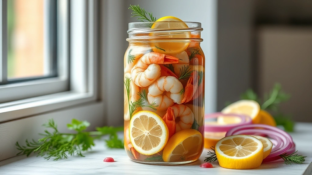 hero: pickled shrimp in clear glass jar with lemon slices, dill, and red onions, photorealistic, natural window light, no text