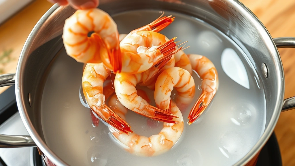process: fresh large shrimp being added to boiling water in stainless steel pot, photorealistic, natural light, no text