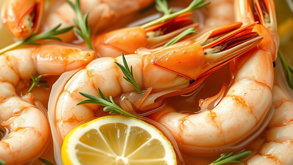 detail: close-up of pickled shrimp with herb sprigs and lemon slices in brine, photorealistic, natural light, no text