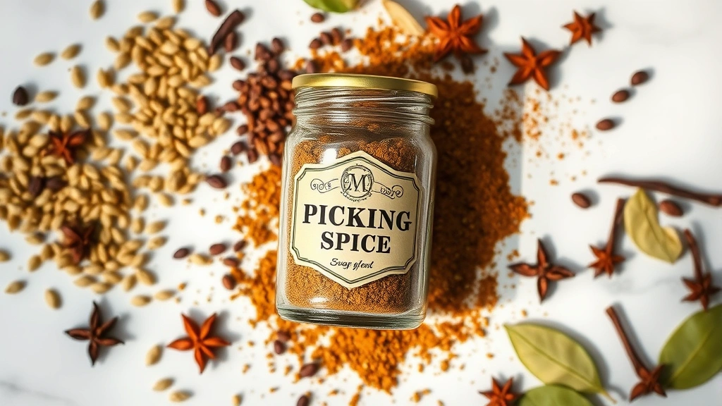 hero: A beautiful overhead shot of finished pickling spice blend in a clear glass jar with a vintage-style label, surrounded by whole spices (mustard seeds, peppercorns, bay leaves, cloves) artfully arranged on a white marble surface with soft natural window light