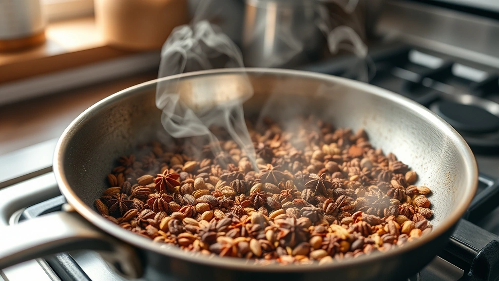 process: Close-up action shot of toasting whole spices in a stainless steel skillet on a stovetop, showing the spices mid-toast with visible steam and fragrant wisps, captured with warm natural lighting from a kitchen window