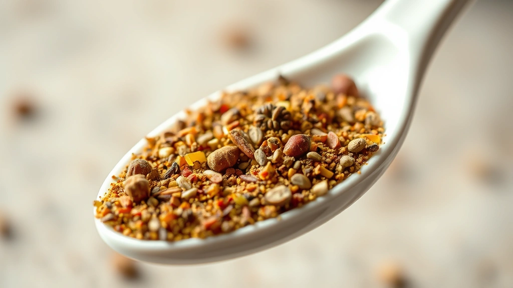 detail: Extreme close-up macro photograph of the finished pickling spice blend showing individual spice pieces and texture, photographed on a white ceramic spoon against a soft blurred background with natural diffused lighting