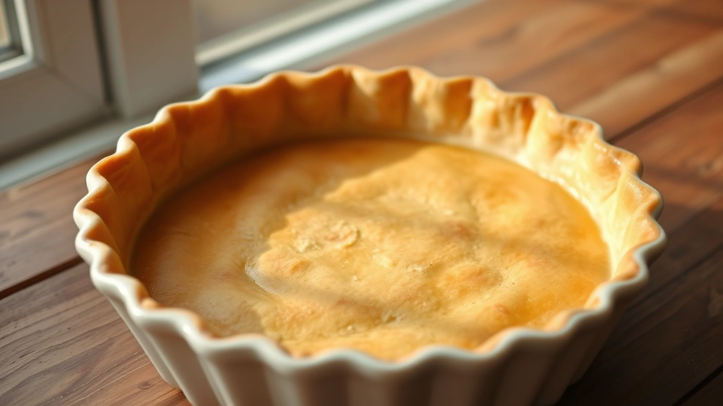 hero: golden-brown pie crust in a ceramic pie dish, perfectly fluted edges, natural window light, rustic wooden table background, no text