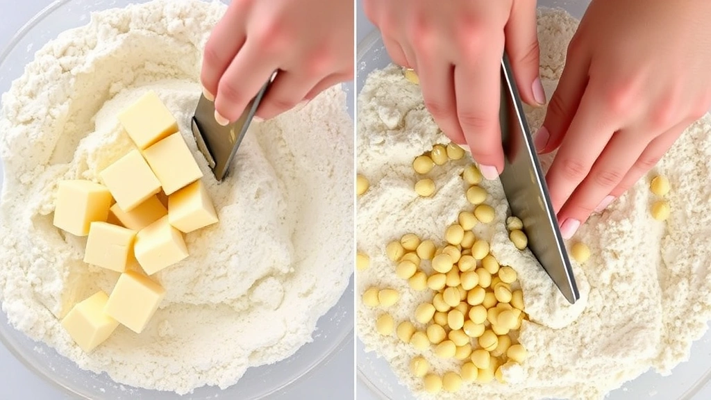 process: hands cutting cold butter into flour with a pastry cutter, flour and butter mixture showing pea-sized pieces, overhead shot, natural light, no text