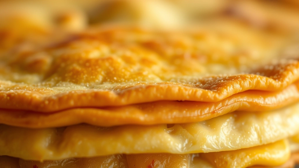 detail: close-up of flaky pie crust layers showing golden-brown exterior with visible flakes separating, steam rising, macro photography style, natural light, no text