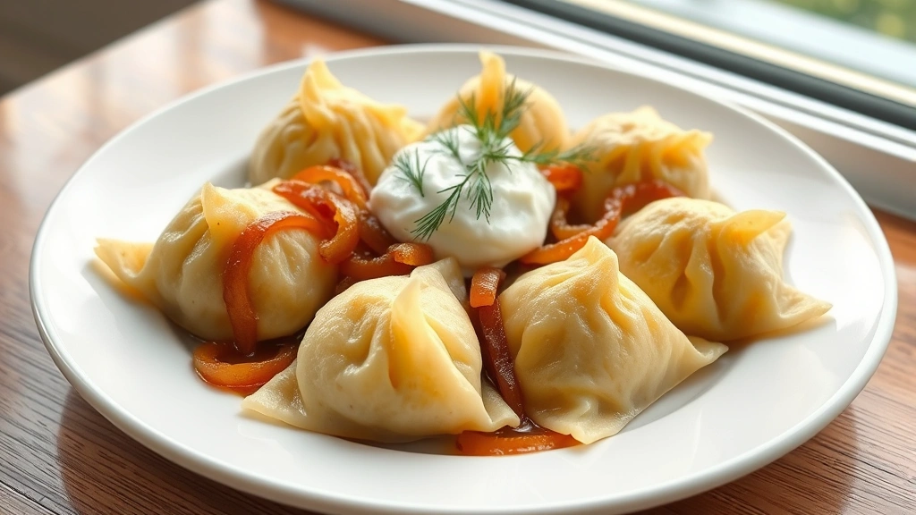 hero: golden pierogi dumplings arranged on white plate with caramelized onions, sour cream dollop and fresh dill garnish, photorealistic, natural window light, no text