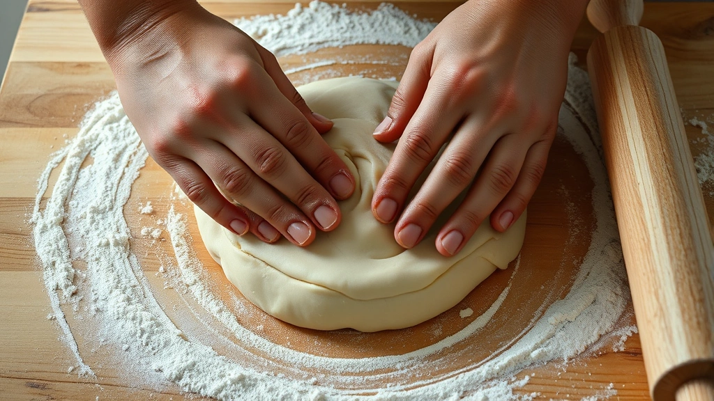 process: hands kneading smooth dough on floured wooden surface, rolling pin nearby, photorealistic, warm natural lighting, no text