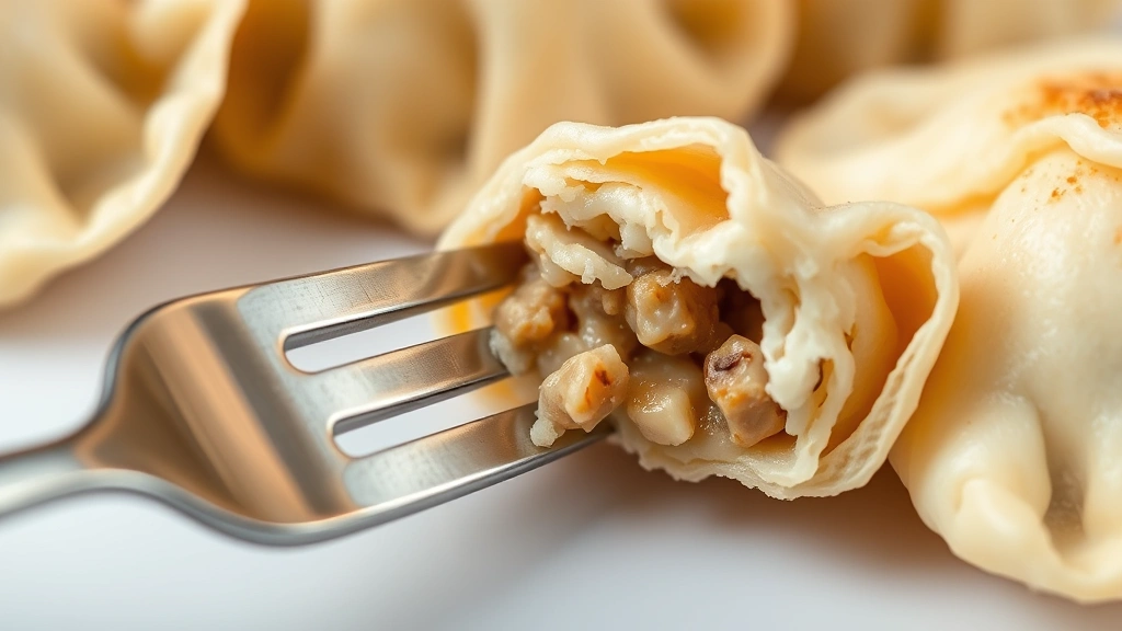 detail: close-up of crimped pierogi edge showing fork pattern detail, cross-section revealing filling, photorealistic, shallow depth of field, no text