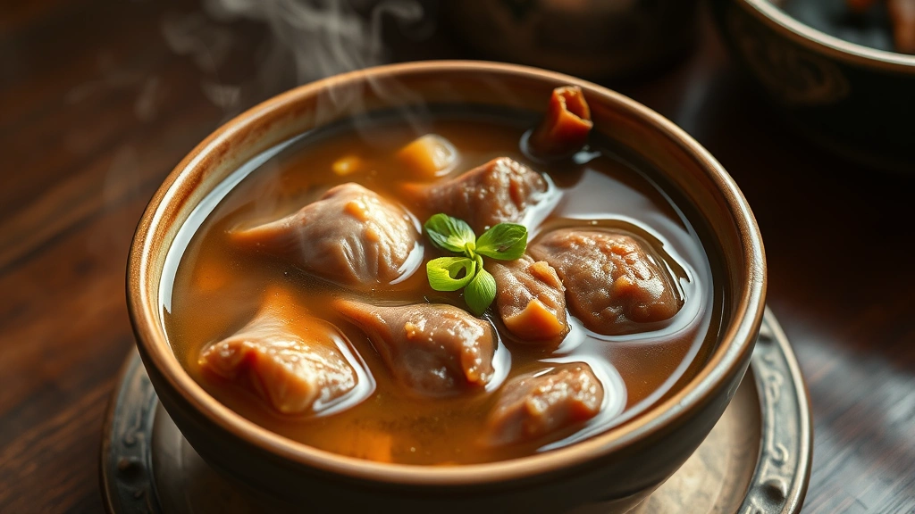 hero: steaming bowl of braised pig feet in rich golden broth with ginger, garlic, and scallions, photorealistic, natural warm lighting, no text, ceramic bowl