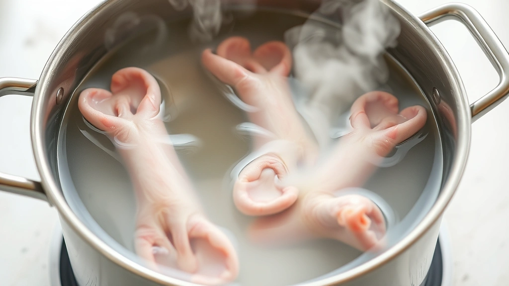 process: blanching pig feet in boiling water with steam rising, photorealistic, natural lighting, no text, stainless steel pot