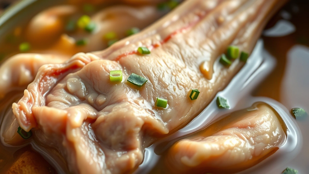 detail: close-up of tender braised pig foot meat falling off the bone in silky broth with aromatic garnish, photorealistic, natural lighting, no text