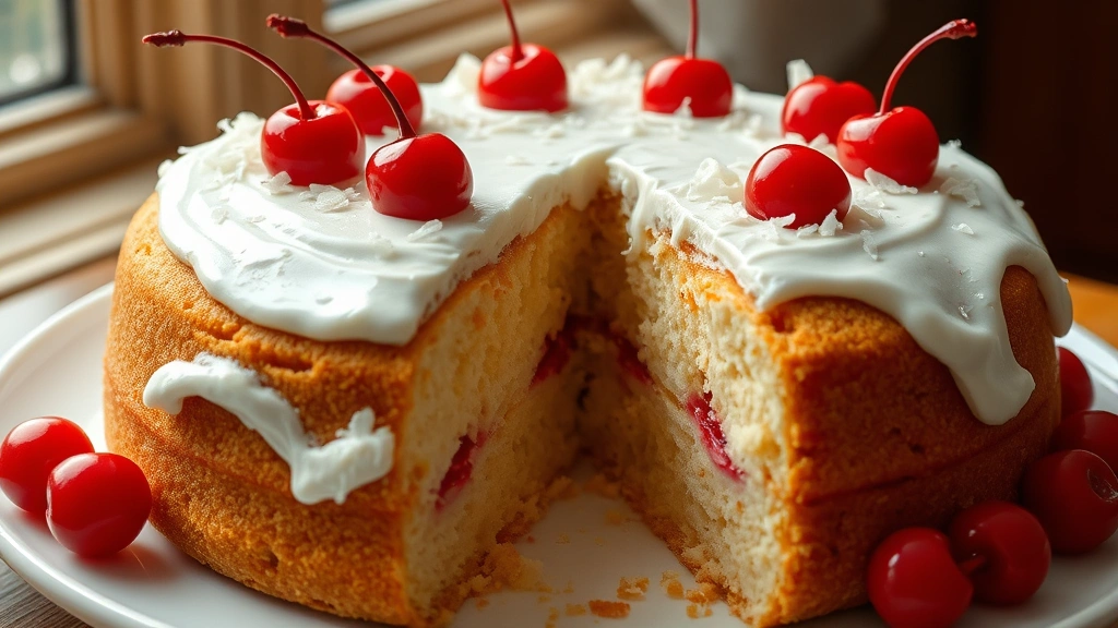 hero: golden Pig Pickin' Cake with white frosting topped with red maraschino cherries and coconut flakes, slice removed showing moist crumb, photorealistic, natural window light, no text, on white plate