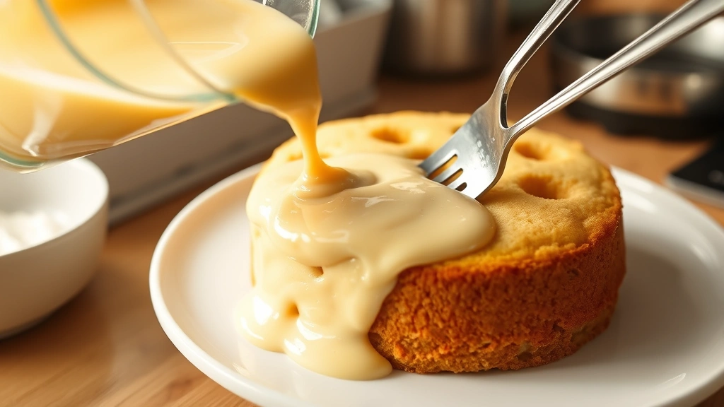 process: pouring warm frosting mixture over warm yellow cake using fork to create holes, photorealistic, bright kitchen lighting, no text