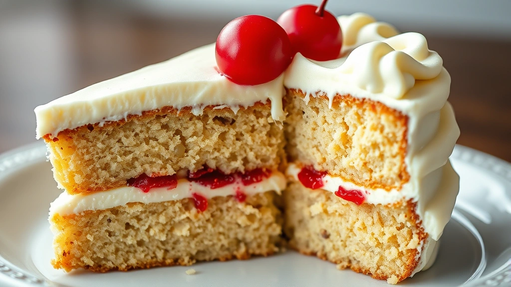 detail: close-up cross-section of cake slice showing layers with maraschino cherry, frosting, and moist crumb, photorealistic, natural light, no text