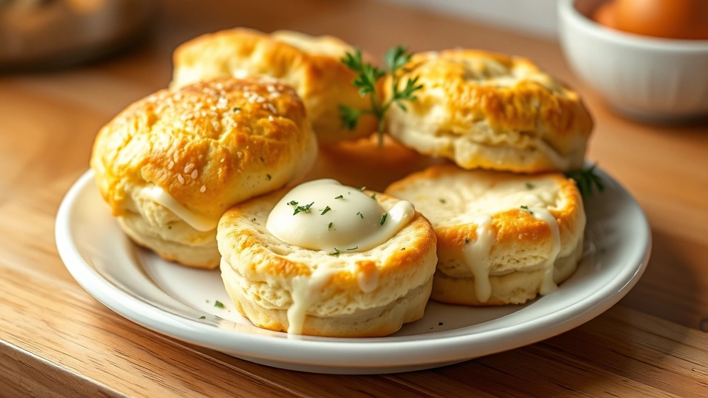 hero: golden-brown Pillsbury biscuits on white ceramic plate, herb butter glistening, fresh parsley and rosemary sprigs garnish, warm kitchen lighting, steam rising slightly, no text