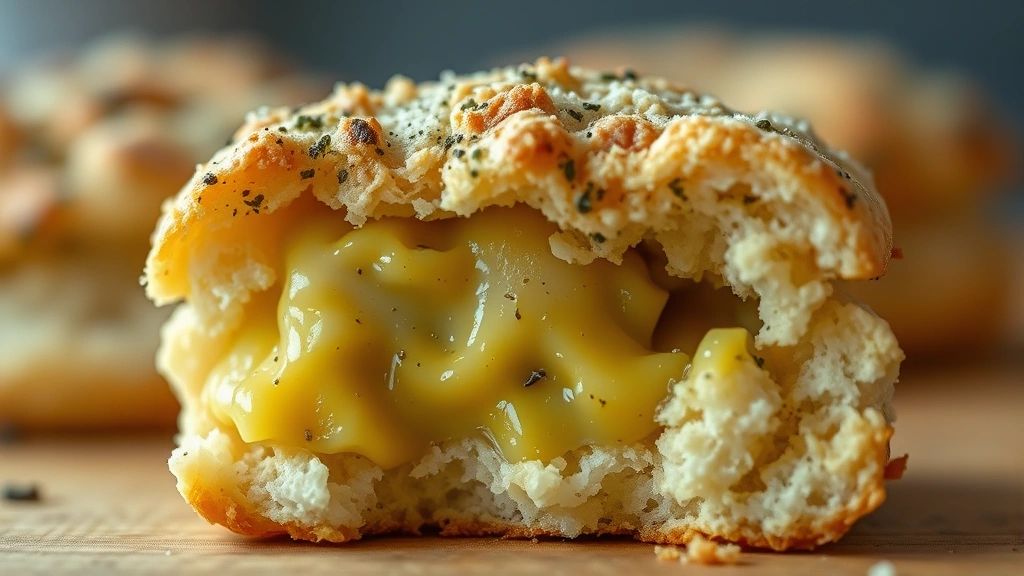 detail: single biscuit cross-section showing fluffy interior, melted herb butter coating, Parmesan crust, shallow depth of field, warm golden lighting, no text
