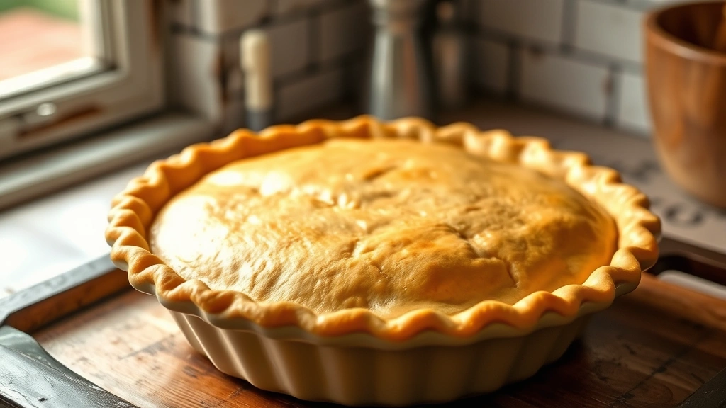 hero: Golden-brown baked pie crust in ceramic pie dish, fluted edges beautifully crimped, fresh from oven, natural window light, rustic kitchen setting, no text or watermarks
