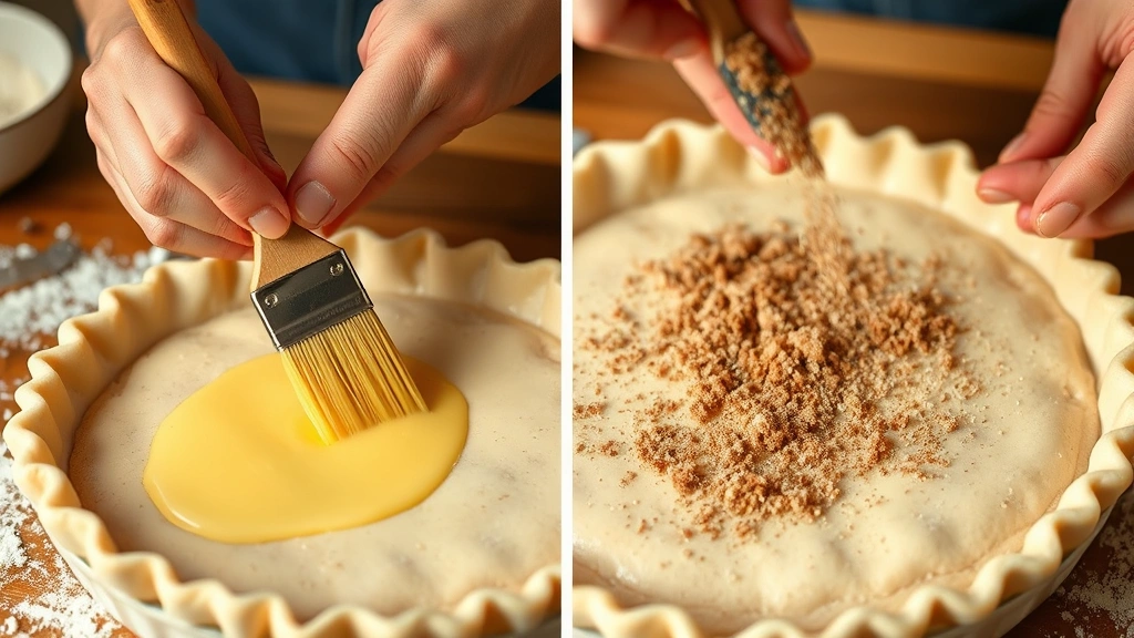 process: Hands brushing egg wash onto raw pie crust with pastry brush, cinnamon sugar topping being sprinkled, detailed action shot, warm natural lighting, close enough to see texture