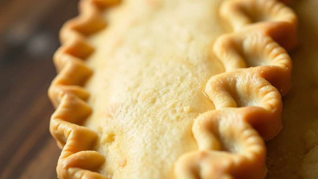 detail: Close-up of perfectly crimped pie crust edge with golden-brown color, shallow depth of field highlighting the decorative border work, natural diffused light, artisanal presentation