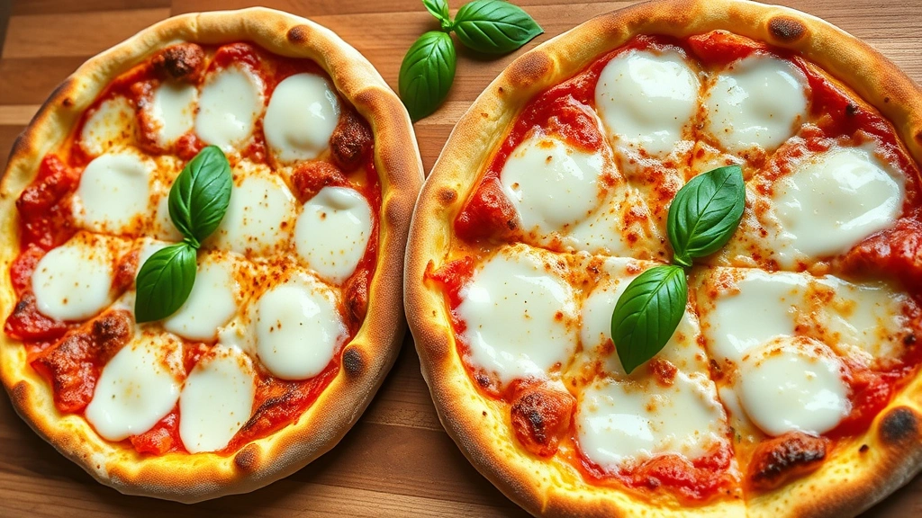 hero: Two perfectly baked homemade pizzas with golden-brown crispy crusts, melted mozzarella cheese bubbling on top, fresh basil garnish, pizzeria-style presentation on wooden surface, natural kitchen lighting, no text or watermarks