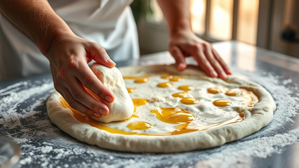 process: Hands stretching and shaping raw Pillsbury pizza dough on a work surface, olive oil glistening on stretched dough, professional pizza-making technique, warm natural window light, no text
