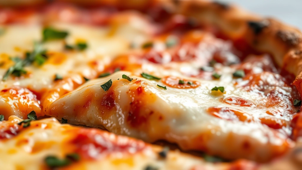 detail: Close-up of finished pizza slice with melted cheese pulling away, crispy crust edges with golden brown color, fresh herbs on top, steam rising, macro photography style, natural lighting, no text