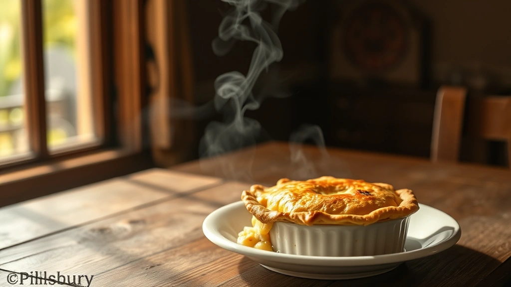 hero: golden-brown Pillsbury pot pie with flaky crust, steam rising from vents, rustic wooden table, warm natural sunlight from window, ceramic plate, no text or watermarks