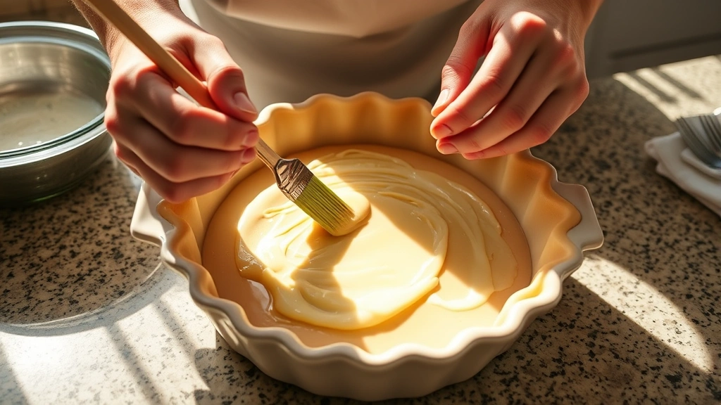 process: hands brushing egg wash onto pot pie crust in ceramic dish, kitchen counter, warm afternoon light, cooking preparation moment, no text or watermarks