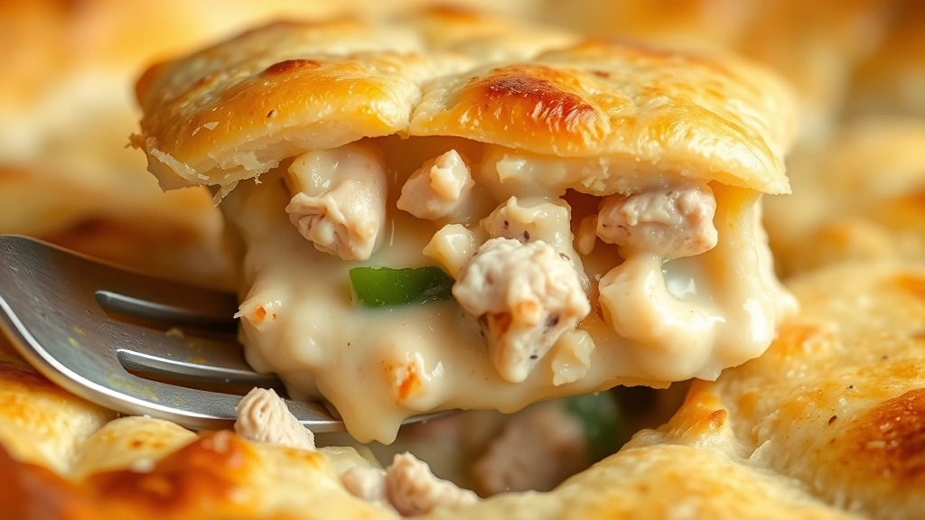 detail: close-up cross-section of pot pie showing creamy filling with chicken and vegetables, golden crust, fork lifting piece, shallow depth of field, no text or watermarks