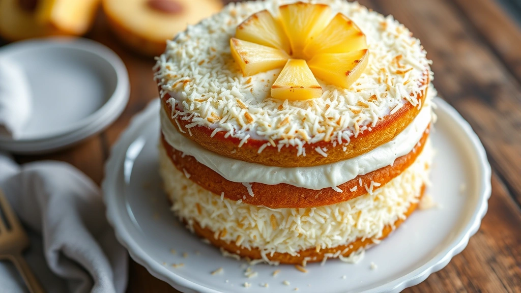 hero: layered pina colada cake with toasted coconut coating and fresh pineapple garnish on top, cream cheese frosting visible between layers, photorealistic, natural daylight, overhead angle, no text