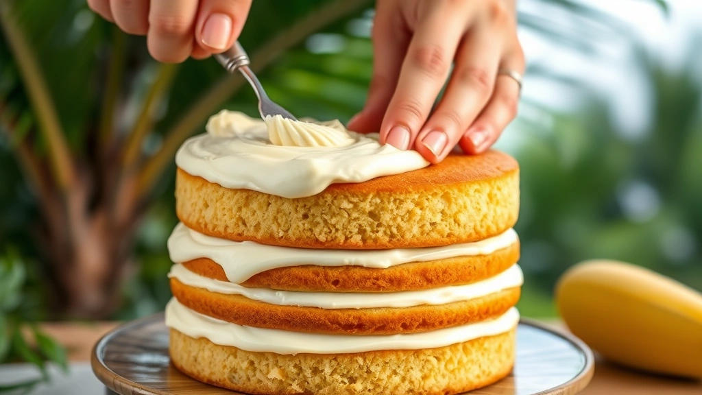 process: hand spreading cream cheese frosting between two golden cake layers, tropical background, photorealistic, natural light, no text