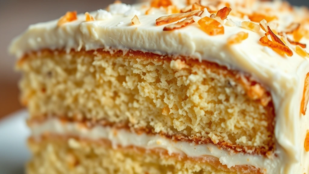 detail: close-up of frosted cake slice showing moist cake layers and creamy frosting with toasted coconut garnish, photorealistic, natural light, no text