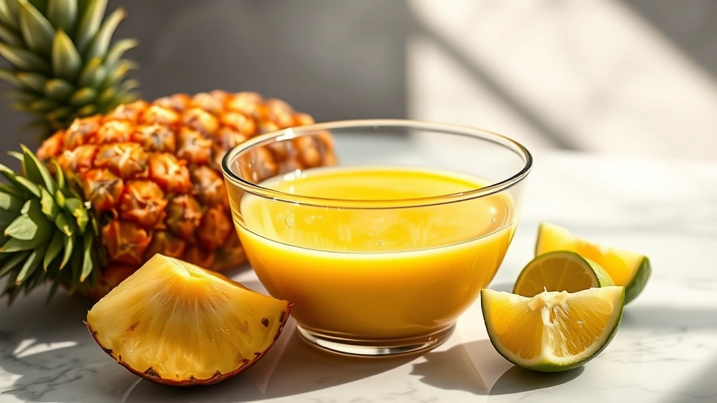 hero: golden pineapple dressing in glass bowl with fresh pineapple slices and lime nearby, creamy tropical colored liquid, photorealistic, natural sunlight streaming across counter, no text, styled on marble surface