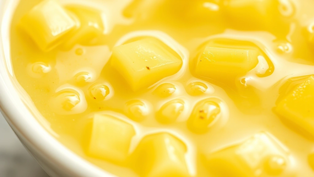detail: close-up macro shot of pineapple dressing texture showing the emulsified consistency, fresh pineapple juice droplets, glossy oil coating, photographed against white ceramic, photorealistic, bright natural light, no text