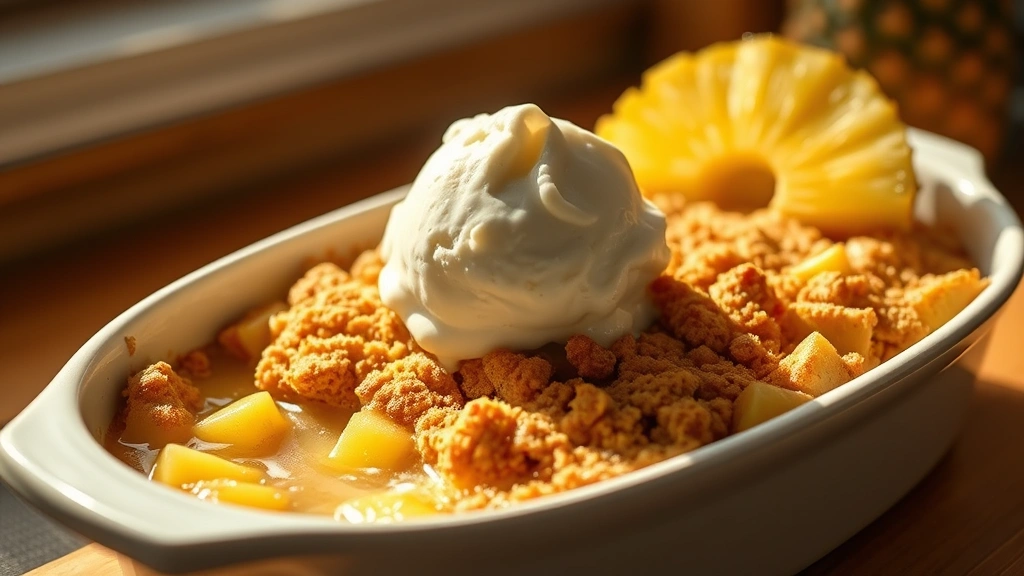 hero: pineapple dump cake in white ceramic baking dish, golden-brown crumbly topping with pineapple juices bubbling around edges, vanilla ice cream scoop melting on top, fresh pineapple slice garnish, natural sunlight from side, warm cozy kitchen aesthetic, shallow depth of field