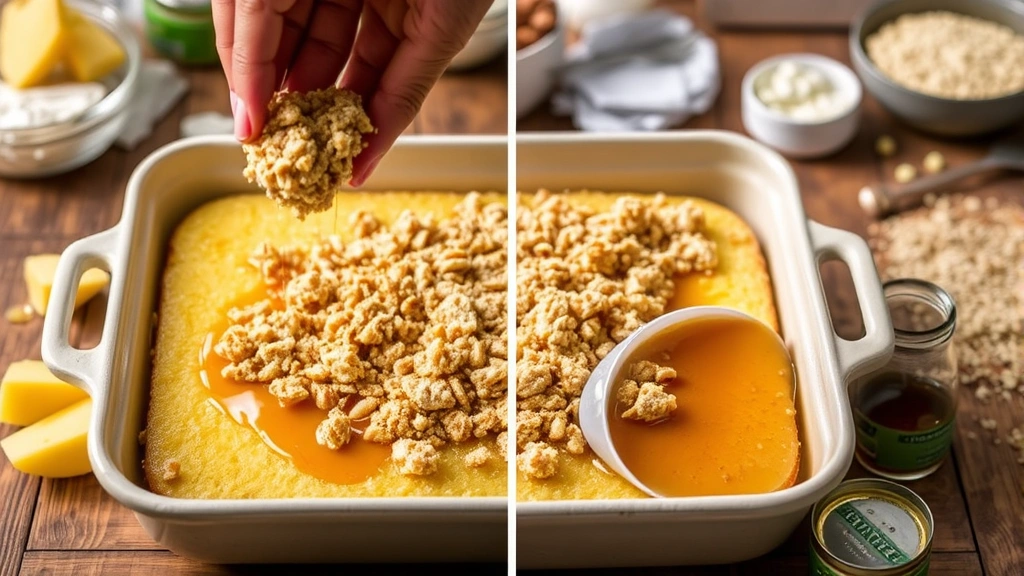 process: hands sprinkling crumbly brown butter cake topping mixture over golden canned pineapple in baking dish, close-up of brown butter drizzle, ingredients scattered around, warm natural lighting, rustic wooden surface