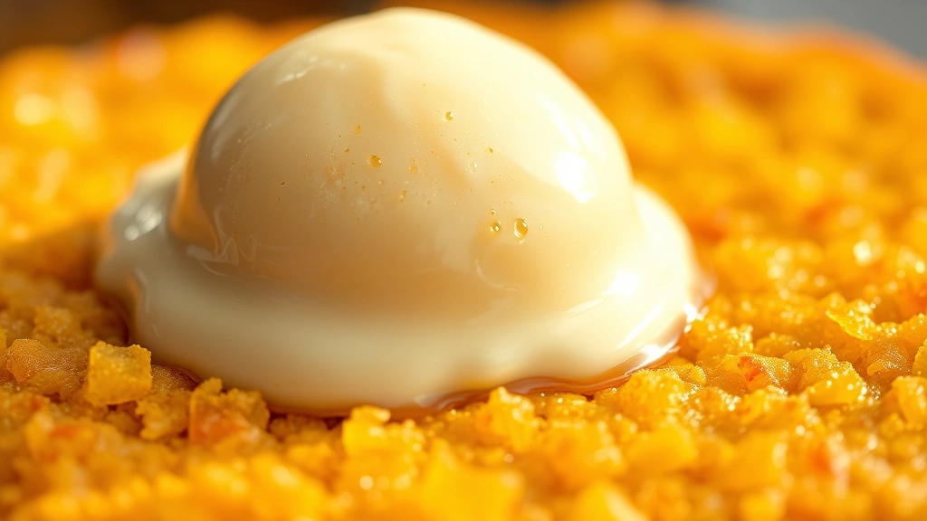 detail: close-up macro shot of golden-brown crispy cake topping texture with melting vanilla ice cream scoop, pineapple juice glistening, steam rising, shallow focus, natural golden hour lighting, food photography style