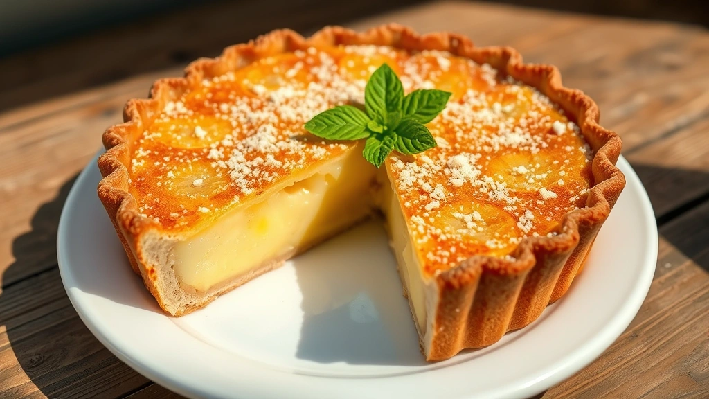 hero: golden brown pineapple pie with coarse sugar topping and buttery crust, slice removed showing creamy pineapple filling, placed on white ceramic plate, natural window light, soft shadows, rustic wooden table background, garnished with fresh mint leaf