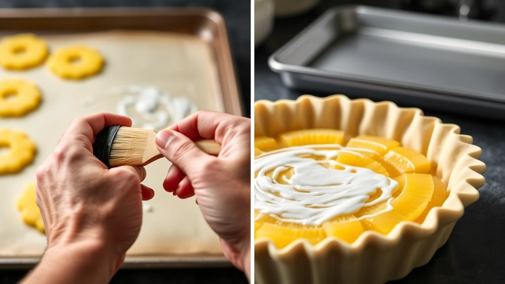 process: hand brushing egg wash onto pie crust with pastry brush, golden pineapple filling visible in pie dish, baking sheet in background, professional kitchen lighting, clear detailed view of crimped edges and egg wash application
