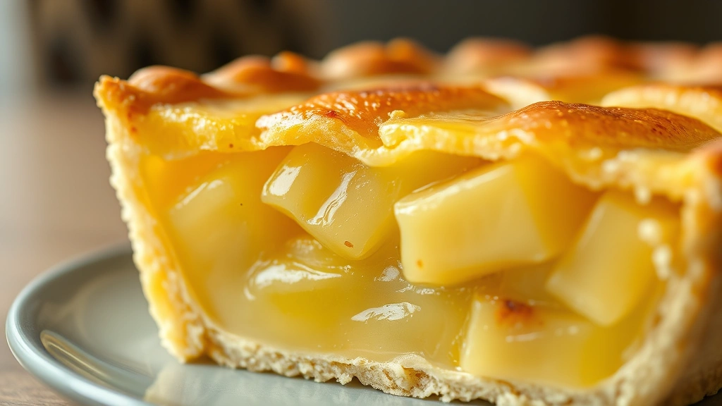 detail: close-up cross-section of pineapple pie showing perfectly set glossy filling with pineapple chunks, golden flaky crust layers, soft focus background, natural daylight, shallow depth of field highlighting texture and layers