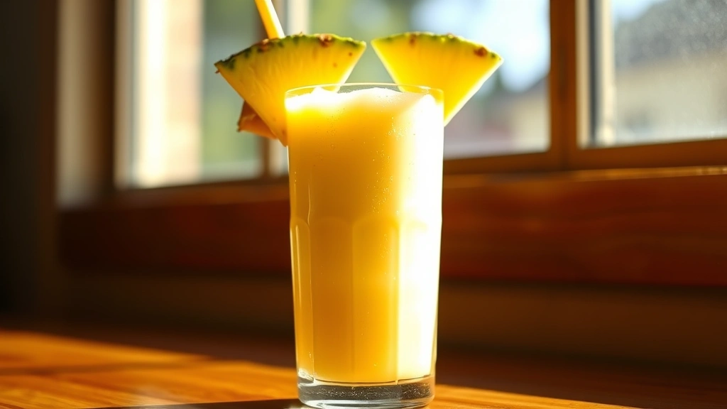 hero: tropical pineapple smoothie in tall glass with pineapple wedge garnish, condensation on glass, vibrant yellow and white colors, natural sunlight streaming through window, no text or watermarks