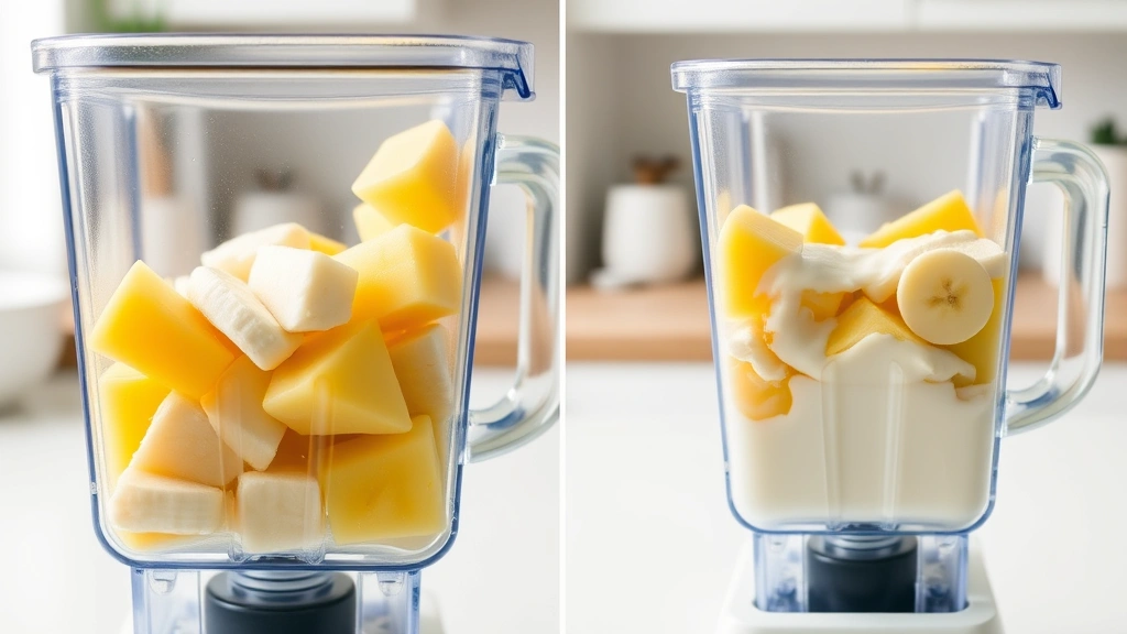 process: blender with pineapple chunks, banana, and yogurt mid-blend, action shot showing texture and movement, bright kitchen lighting, no text or branding
