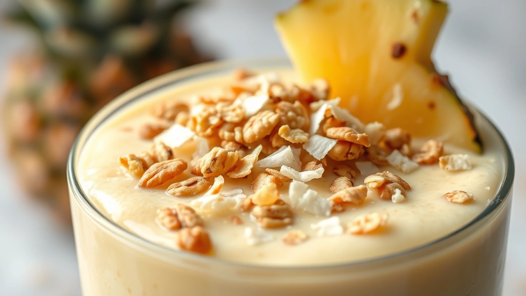 detail: close-up of creamy pineapple smoothie texture with coconut flakes and granola topping, pineapple wedge on rim, soft natural light, shallow depth of field, no text
