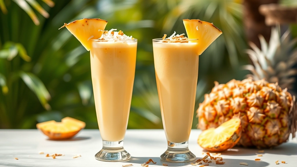 hero: two tall glasses filled with creamy golden pineapple smoothie, topped with toasted coconut flakes and fresh pineapple wedges, tropical setting, photorealistic, natural sunlight streaming through, no text