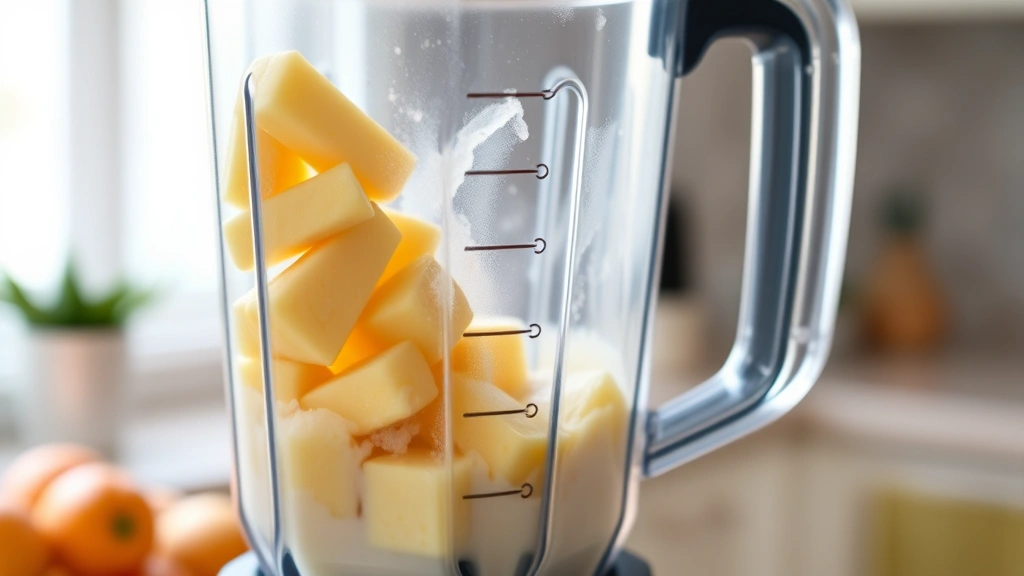 process: close-up of high-powered blender mid-blend with pineapple chunks and creamy mixture visible, motion blur suggesting blending action, photorealistic, bright kitchen lighting, no text