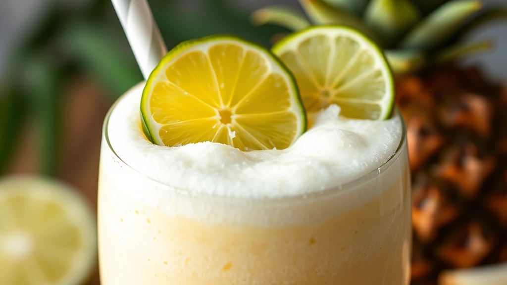 detail: extreme close-up of finished pineapple smoothie showing creamy texture and frothy top, fresh lime wheel and coconut garnish in focus, photorealistic, natural light, no text